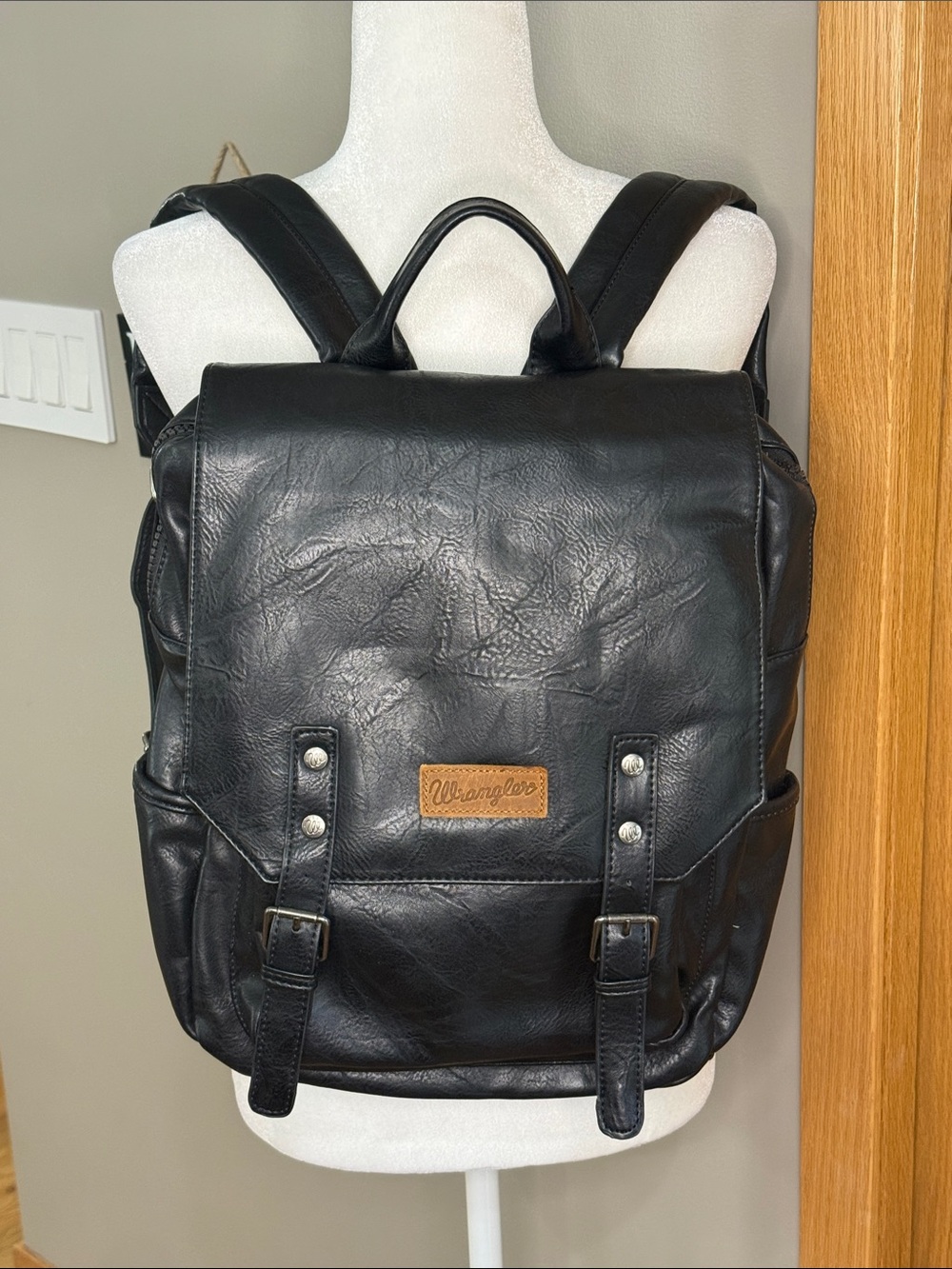 Wrangler Black Faux Leather Backpack with Contrast Patch